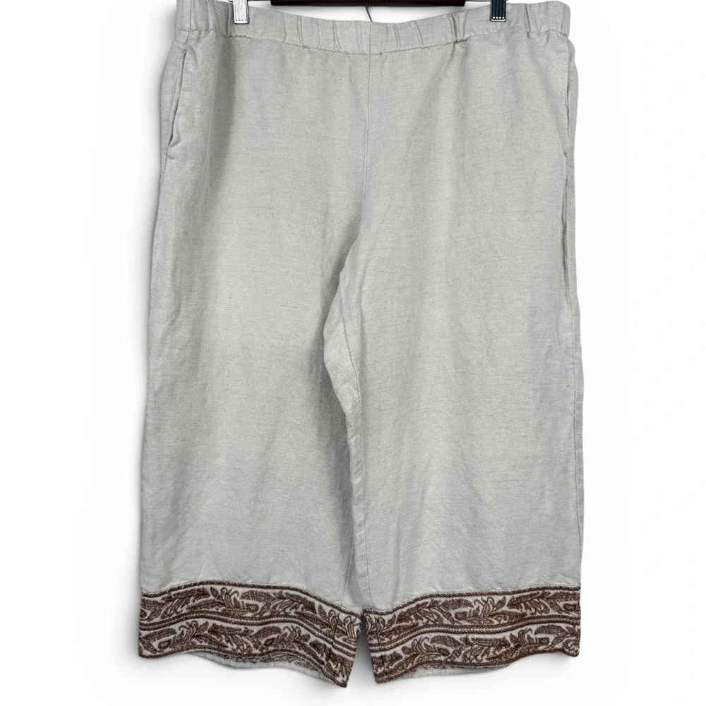 J. Jill Linen Blend Wide Leg Crop Pants Oatmeal Brown Embroidered‎ Hem Large P